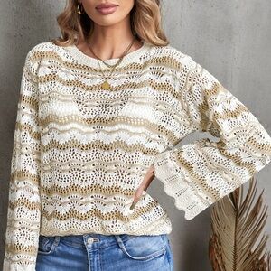 Crocheted Beige and White wavy Knit Sweater scalloped edge Bell Sleeve Size 2x